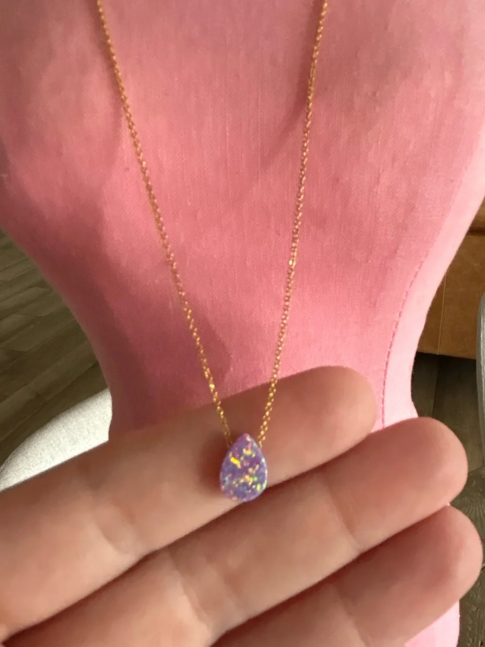 Gold Chain Necklace with Purple Opal Teardrop Pendant